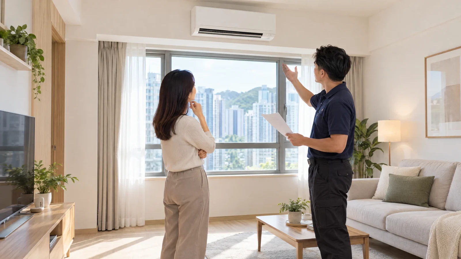 居屋更換冷氣機規劃概念示意：住戶與設計人員在窗旁核對冷氣機位置，並非啟盈苑或任何實際項目。
