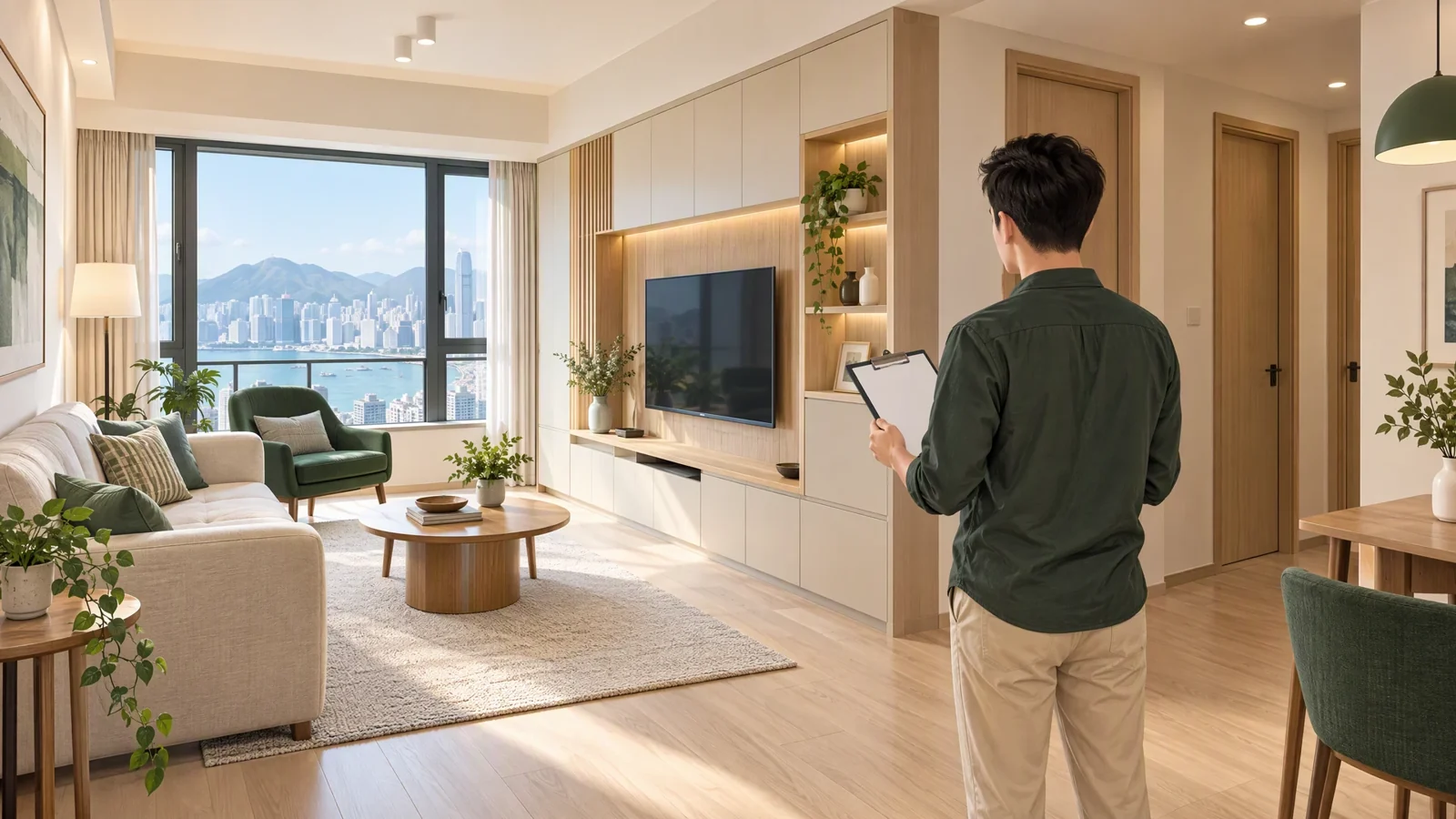 香港居屋裝修完成後作一般目視檢查的概念示意:屋主拿着空白核對紙檢視客廳收口與訂造櫃,並非實際屋苑單位。